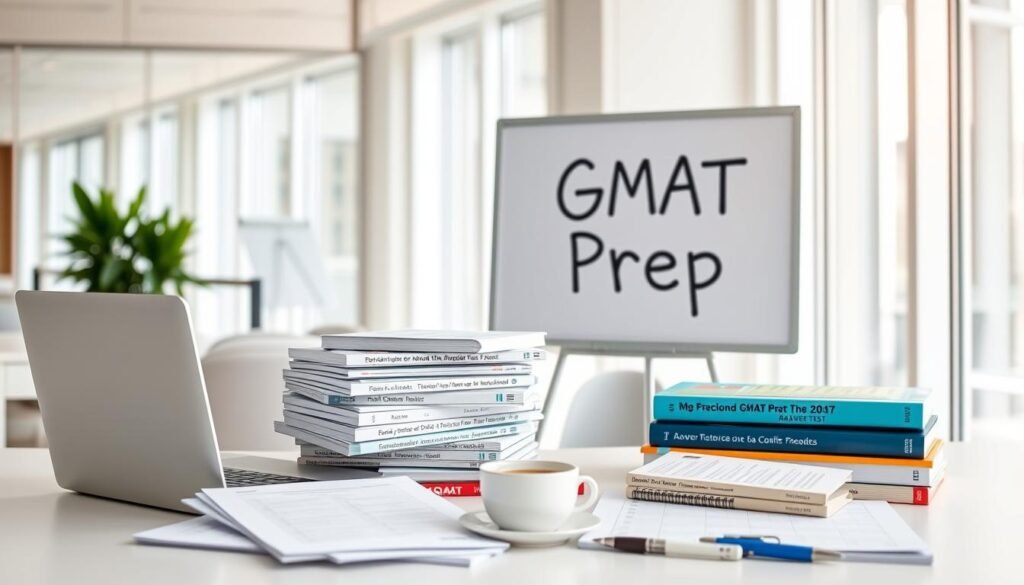 A bright, modern office setting with a sleek laptop, a stack of GMAT prep books, and a whiteboard displaying "GMAT Prep" in a clean font. The foreground features a variety of GMAT practice test materials, including answer sheets, study guides, and online resources. The middle ground showcases a well-organized workspace with a cup of coffee, a pen, and a GMAT exam schedule. The background has floor-to-ceiling windows, allowing natural light to flood the space and create a warm, productive atmosphere. The overall scene conveys a sense of focused preparation and diligent study for the GMAT exam.