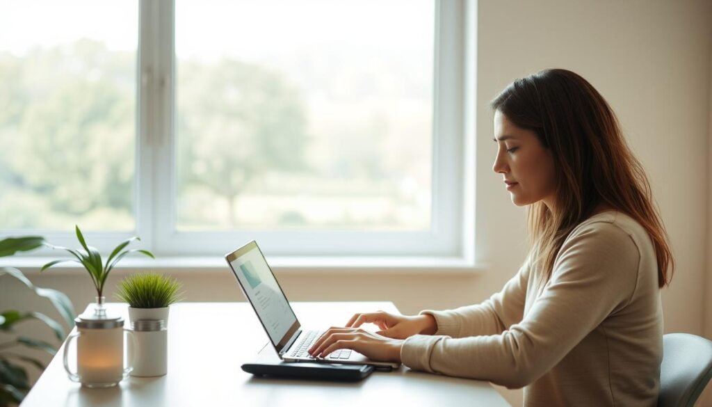 A bright, well-lit interior scene of an online therapy registration process. In the foreground, a person sitting at a desk, interacting with a laptop or tablet device, filling out a registration form with calm focus. Behind them, a window offering a pleasant view of a peaceful, natural landscape, conveying a sense of tranquility and mindfulness. The lighting is soft and diffused, creating a calming atmosphere. The angle is slightly elevated, providing an overview of the scene. The colors are warm and inviting, drawing the viewer into the serene, therapeutic environment.