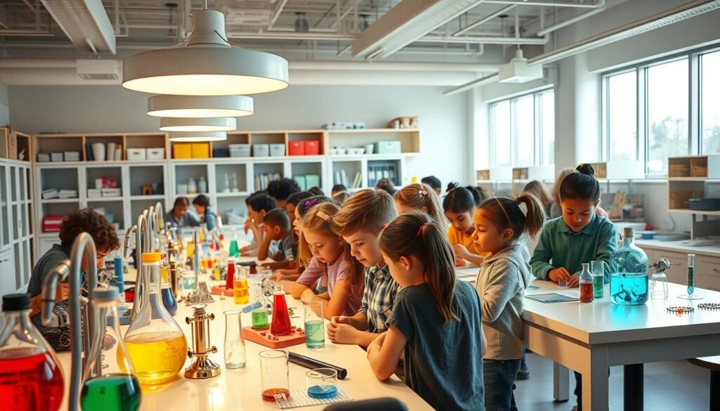 A brightly lit laboratory filled with colorful, interactive science experiments for curious young minds. Beakers bubble, test tubes fizz, and gears whir as children engage hands-on with captivating STEM activities. Soft, diffused lighting from overhead lamps casts a warm glow, highlighting the focused expressions and engaged body language of the kids. The foreground showcases an array of scientific instruments, models, and interactive displays, inviting exploration. In the middle ground, children of diverse backgrounds huddle around workstations, deeply immersed in their explorations. The background features a clean, modern lab setting with sleek countertops, shelves stocked with supplies, and large windows that let in natural light, creating an atmosphere of discovery and wonder.