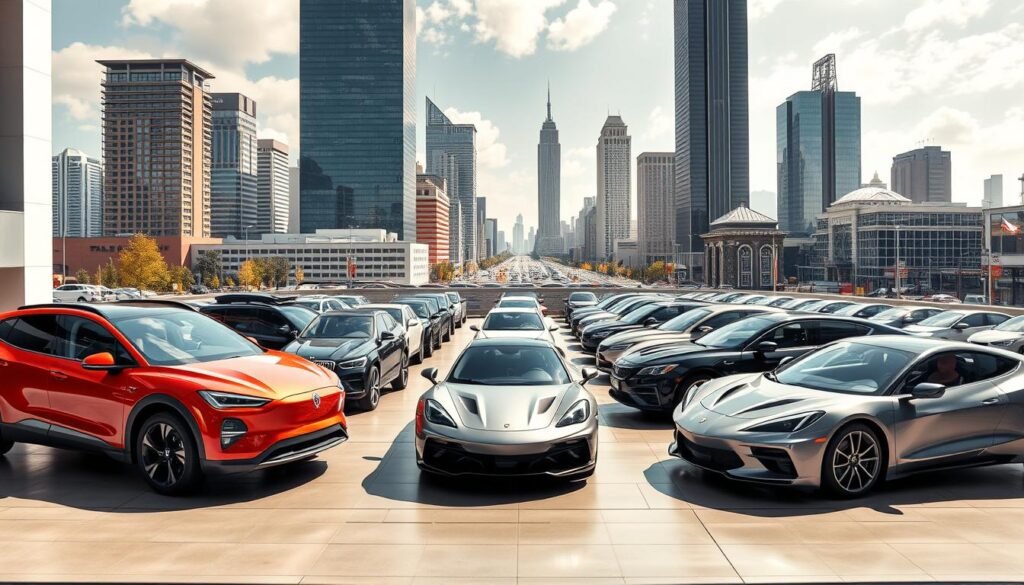 A bustling automotive dealership set against a contemporary cityscape, showcasing the diverse array of vehicles on the market. In the foreground, a sleek electric sedan, a rugged SUV, and a compact hatchback stand side by side, their dynamic designs and vivid colors catching the eye. In the middle ground, a line of gleaming sports cars and luxury sedans await potential buyers, their chrome accents and sculpted silhouettes reflecting the warm, natural lighting. In the background, towering skyscrapers and bustling city streets frame the scene, creating a sense of urban energy and growth. The overall atmosphere conveys the vibrant, evolving nature of the current automotive landscape.