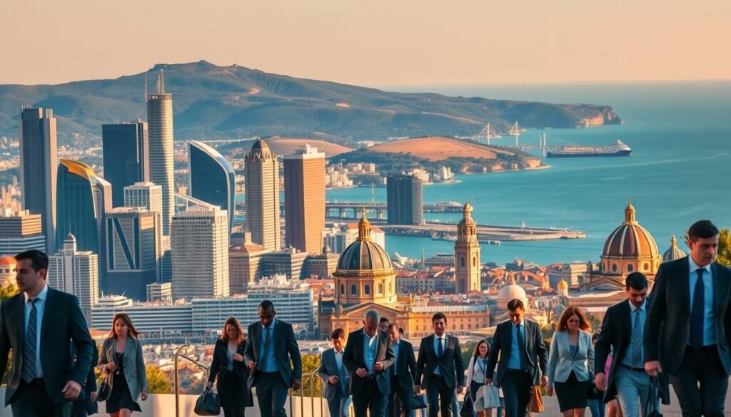 A bustling city skyline in Spain, with towering skyscrapers and historic architecture bathed in warm, golden sunlight. In the foreground, professionals dressed in business attire stride purposefully, highlighting the diverse career opportunities available. The middle ground showcases various industries, from thriving tech hubs to thriving tourism and healthcare sectors. In the background, rolling hills and the azure Mediterranean Sea create a picturesque backdrop, emphasizing Spain's vibrant and dynamic economy. The scene exudes a sense of productivity, growth, and the promise of a fulfilling career in this European powerhouse.