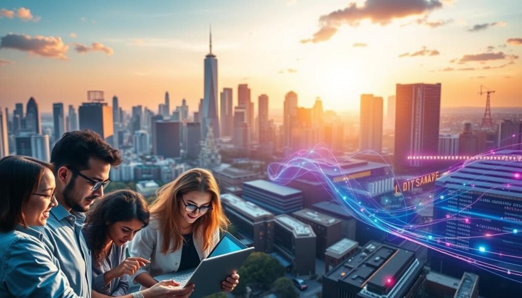 A bustling cityscape, its skyline dotted with towering skyscrapers, reflects the surging demand for data science expertise. In the foreground, a diverse group of professionals, laptops in hand, huddle over complex datasets, their faces illuminated by the soft glow of computer screens. The middle ground features a sleek, modern university campus, its state-of-the-art facilities and cutting-edge research labs symbolizing the importance of data science education. In the background, a vibrant stream of information flows, represented by lines of code and swirling data visualizations, underscoring the vital role data science plays in shaping the future. The scene is bathed in a warm, inviting light, conveying the excitement and opportunity inherent in the field of data science.