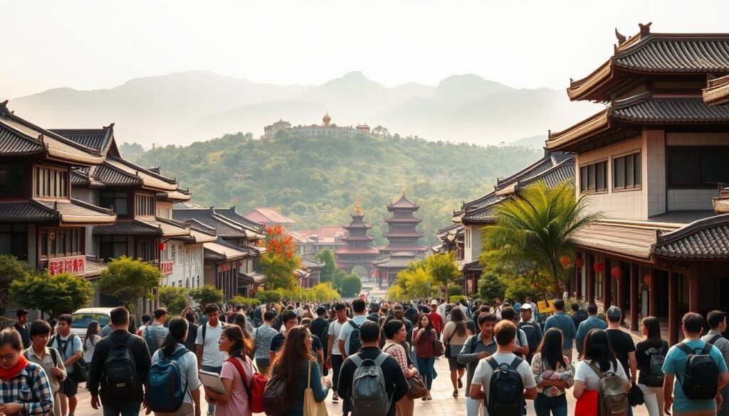 A bustling university campus in China, with a mix of modern and traditional architectural styles. In the foreground, students engage in lively discussions, their backpacks and books indicating a diverse range of academic programs. The middle ground showcases various faculty buildings, their facades adorned with ornate details and Chinese calligraphy. In the background, a verdant landscape with pagodas and mountains, creating a serene and contemplative atmosphere. Warm, golden lighting casts a soft glow over the scene, accentuating the rich cultural heritage and academic vibrancy of China's higher education institutions.