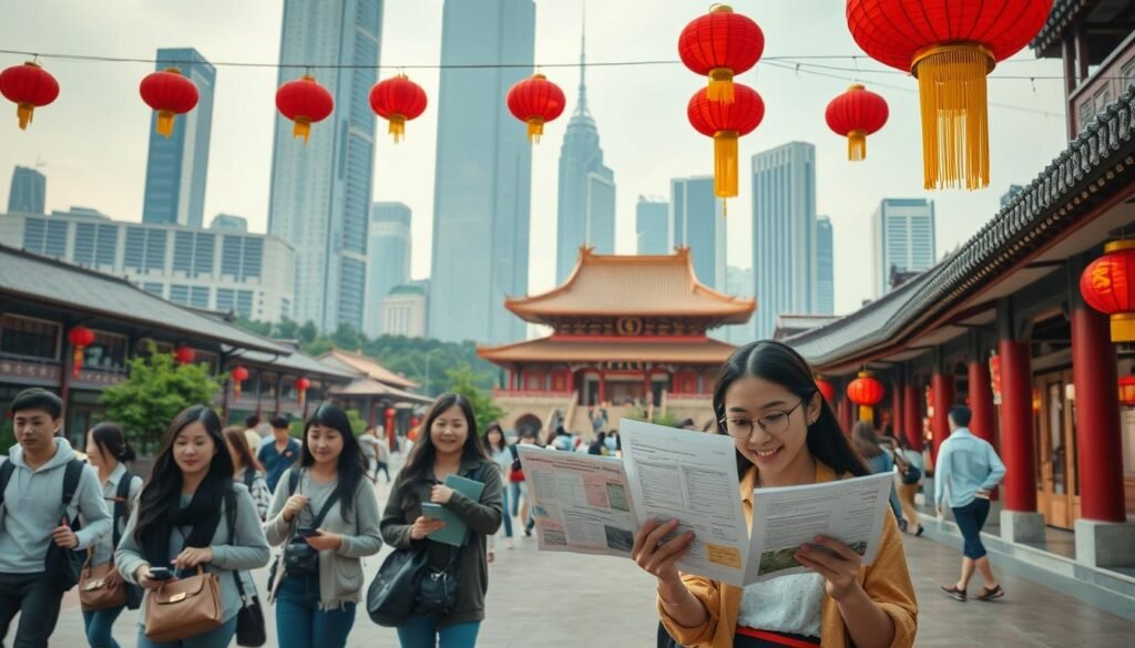 A bustling university campus in China, with students navigating through the lively walkways. In the foreground, a group of students examine financial documents, discussing tuition fees and living expenses. The middle ground showcases vibrant red lanterns and traditional architecture, hinting at the cultural immersion of studying in China. In the background, towering skyscrapers and modern buildings reflect the country's economic development. Soft, warm lighting illuminates the scene, creating a welcoming and inviting atmosphere. The overall composition captures the balance between the academic, cultural, and economic aspects of the cost of studying in China.