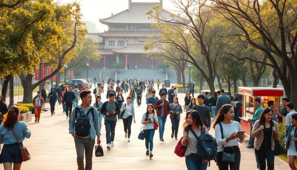 A bustling university campus in China, with students strolling along tree-lined walkways and gathering in lively communal spaces. In the foreground, a group of friends animatedly discussing their studies, their backpacks and laptops suggesting a vibrant academic life. In the middle ground, students hurry to class, some stopping to grab a bite from a food cart or check their phones. In the background, the grand architecture of university buildings, their traditional Chinese designs evoking a rich cultural heritage. Warm, golden light filters through the scene, creating a sense of energy and productivity. The overall mood is one of intellectual engagement, youthful camaraderie, and the excitement of learning in a dynamic, multicultural environment.