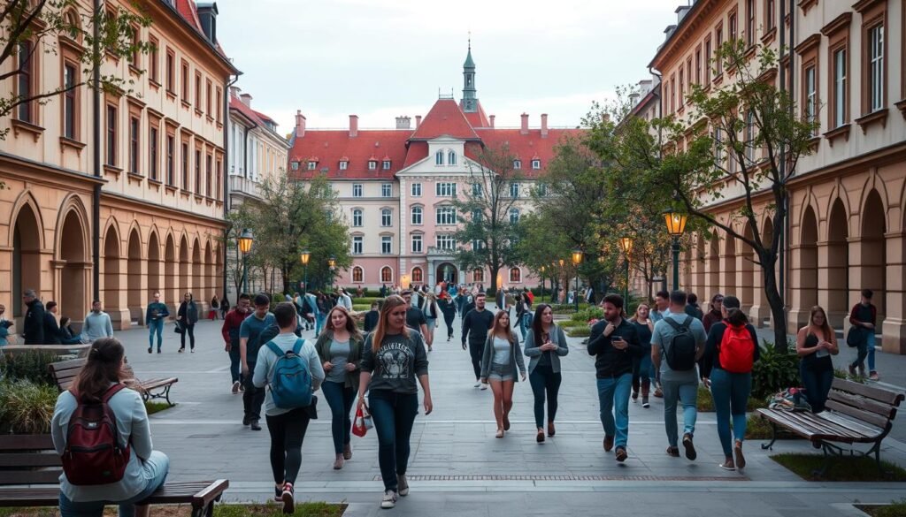 A bustling university campus in Poland, students strolling through a tranquil courtyard lined with historic buildings. In the foreground, groups of friends gather on benches, engaged in lively discussions. The middle ground features students hurrying to class, backpacks slung over their shoulders. In the background, the warm glow of streetlamps casts a cozy ambiance, hinting at the vibrant nightlife. The scene is bathed in soft, natural lighting, creating a welcoming atmosphere that captures the essence of student life in this European nation.