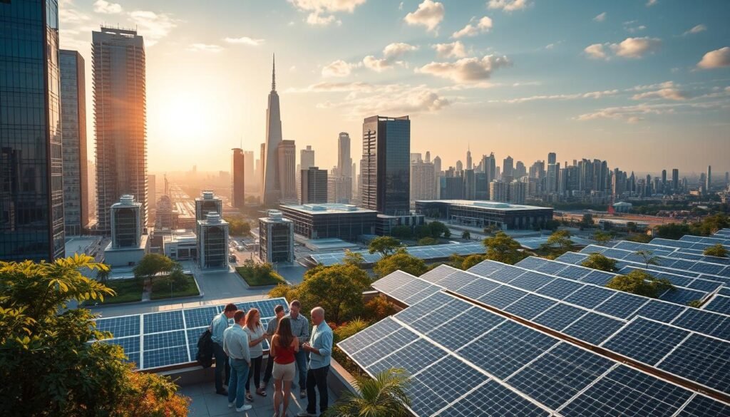 A bustling urban landscape, where towering skyscrapers and sleek, modern architecture coexist with lush greenery and gleaming solar panels. In the foreground, a group of innovators collaborate in a vibrant open-concept workspace, surrounded by state-of-the-art renewable energy technologies. The mid-ground showcases the dynamic intersection of cutting-edge cleantech startups, research laboratories, and incubators, all working in harmony to drive sustainable solutions. In the background, a panoramic view of the city skyline is illuminated by the warm glow of the sun, reflecting the optimism and progress of the cleantech revolution. The scene is captured with a cinematic wide-angle lens, bathed in a soft, natural light that enhances the sense of innovation and environmental stewardship.
