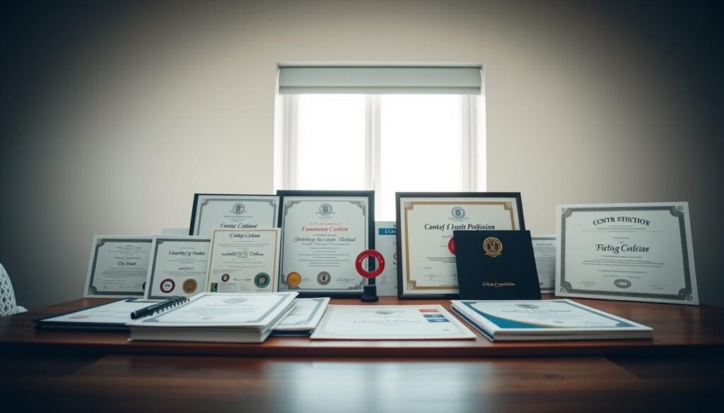 A clean, well-organized composition showcasing professional certifications and subscriptions. A wooden desk or table in the foreground, with various certificates, diplomas, and subscription cards neatly arranged. Diffused natural lighting from a window in the middle-ground, creating a warm, ambient glow. In the background, a simple, uncluttered wall, perhaps with a subtle texture or pattern, to keep the focus on the main elements. The overall mood is one of accomplishment, credibility, and organized professionalism.