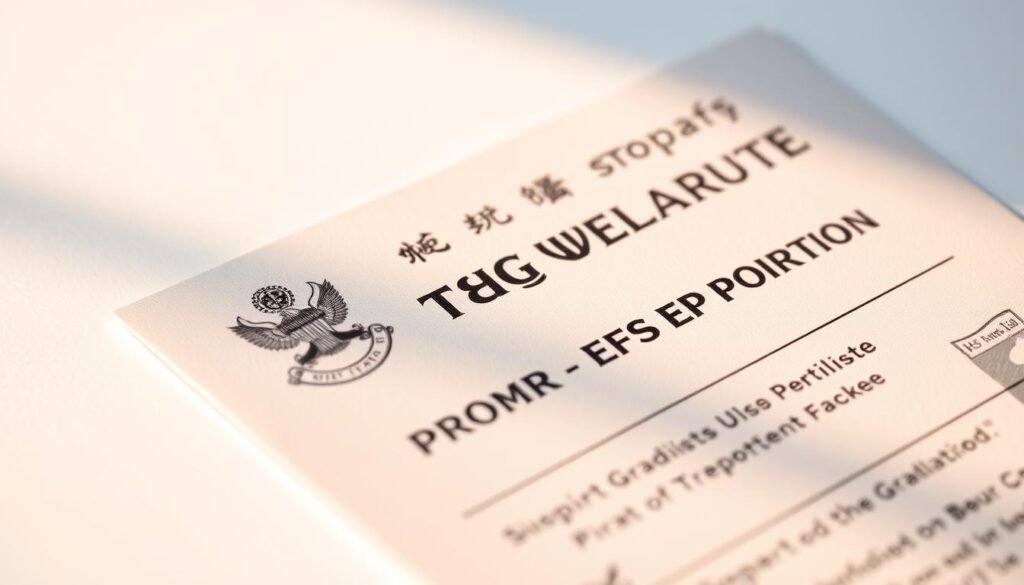 A close-up shot of a government-issued post-graduation work permit, its sleek design and vibrant colors contrasting against a crisp white background. The permit's emblem and official stamps are prominently displayed, conveying a sense of legitimacy and opportunity. Warm, directional lighting casts subtle shadows, accentuating the document's professional and authoritative presence. The image is captured at a slightly elevated angle, giving it a sense of importance and significance, perfectly suited to illustrate the "Post-Graduation Opportunities" section of the article.