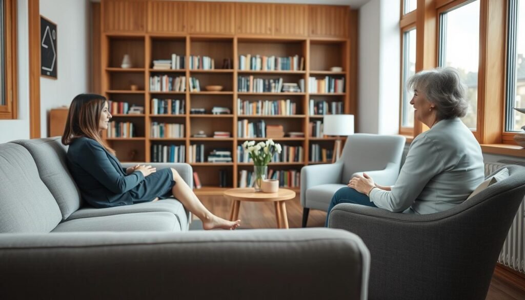 A cozy and inviting counseling session, taking place in a softly-lit room with warm wooden accents. A comfortable sofa sits in the foreground, with a therapist's armchair opposite, creating an intimate and nurturing atmosphere. The middle ground features a small side table with a vase of fresh flowers, adding a touch of serenity. In the background, bookshelves line the walls, conveying a sense of knowledge and professionalism. Soft, natural lighting filters in through large windows, casting a gentle glow throughout the space. The overall mood is one of calm, safety, and thoughtful introspection, ideal for the online therapy services offered by online-therapy.com.