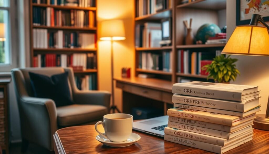 A cozy study nook with a comfortable armchair, a wooden desk, and a well-stocked bookshelf in the background. Warm, focused lighting illuminates a laptop, a cup of coffee, and a stack of GRE prep books. The atmosphere is one of quiet concentration and academic pursuit, conveying the idea of dedicated study and exam preparation.