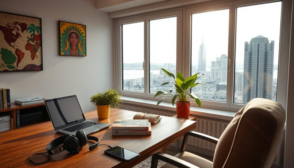 A cozy study room with large windows overlooking a serene cityscape. Soft, natural lighting filters in, casting a warm glow. On a wooden desk, a laptop, a few language learning books, and a vibrant plant. In the foreground, a pair of headphones, a microphone, and a smartphone, symbolizing the digital tools for interactive online language lessons. The walls are adorned with colorful cultural artwork, hinting at the diverse languages and cultures explored. An armchair in the corner invites one to curl up and immerse in the language-learning journey. The overall atmosphere is inviting, inspiring, and conducive to productive yet enjoyable language study.