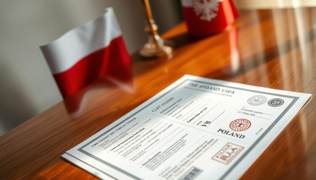 A crisp, official-looking document lying on a polished wooden desk, with a Poland flag and national emblem subtly visible in the background. Soft, natural lighting illuminates the form, highlighting the intricate details and official stamps. The image conveys a sense of professionalism, authority, and the bureaucratic process involved in obtaining a student visa for Poland.
