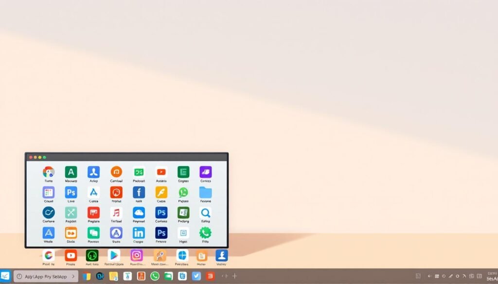 A detailed and comprehensive illustration of the SetApp subscription service for applications. In the foreground, a modern and minimalist desktop workspace showcases an array of high-quality application icons, representing the diverse range of productivity tools available through the SetApp platform. The middle ground features a sleek and intuitive user interface, highlighting the seamless integration and ease of access to the subscribed applications. In the background, a soft and muted color palette, with subtle gradients, creates a calming and professional atmosphere, emphasizing the value of productivity and efficiency that SetApp offers. The lighting is natural and diffused, casting a warm and inviting glow over the entire scene, reflecting the comprehensive and inclusive nature of the SetApp subscription service.