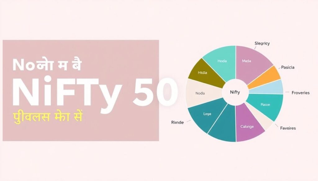 A detailed breakdown of the Nifty 50 index sectors, displayed as a circular pie chart with clean, modern typography. The composition features a soft, muted color palette with a subtle gradient background, creating a professional and informative visualization. The chart clearly shows the relative sizes and compositions of the key sectors that make up the Nifty 50 index, providing a comprehensive overview of this important financial indicator. The overall aesthetic is sleek, minimalist, and easy to understand, making it an ideal illustration for the "مكونات مؤشر Nifty 50" section of the article.