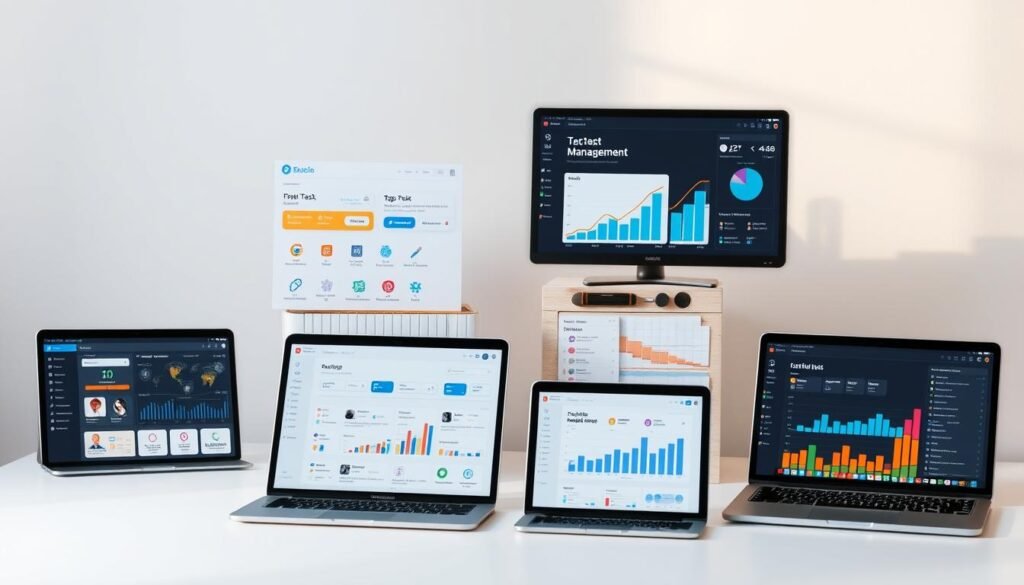 A detailed comparison of task management applications, showcased in a clean and visually appealing layout. Crisp, high-resolution images of the top task management apps presented side-by-side, allowing for easy visual comparison of their user interfaces, key features, and functionalities. The scene is set against a soft, gradient background, creating a professional and informative atmosphere. Carefully curated icons, graphs, and visual elements highlight the unique capabilities of each application, enabling the viewer to make an informed decision. Subtle lighting accentuates the sleek design of the apps, presented in a cohesive and visually striking manner.