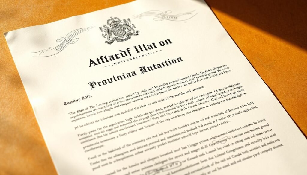 A detailed, formal provincial attestation letter on an ornate parchment-like document, set against a warm, vintage-inspired background. The letter's header features an intricate coat of arms or provincial seal, lending an official, authoritative air. The text is written in a precise, calligraphic font, conveying the letter's importance. Soft, natural lighting casts gentle shadows, adding depth and dimension. The overall composition strikes a balance between bureaucratic formality and a sense of gravitas befitting a crucial step in the Canadian study visa process.