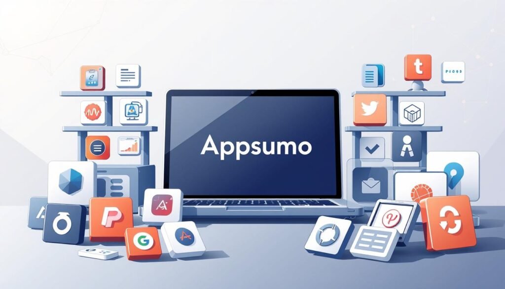 A detailed, high-resolution digital illustration showcasing various types of digital tools available on the Appsumo platform. The composition features a sleek, modern design with a clean, minimalist aesthetic. The foreground prominently displays a collection of digital software icons, including productivity apps, design tools, and online services. The middle ground showcases a stylized laptop or tablet device, highlighting the digital nature of the Appsumo offerings. The background subtly blends geometric patterns and soft gradients, creating a visually compelling and cohesive scene. The overall mood is one of sophistication, efficiency, and the powerful capabilities of Appsumo's digital tools.