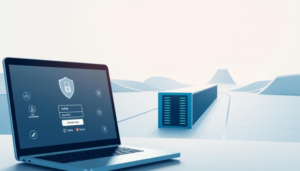 A detailed illustration of a virtual private network (VPN) in action. The foreground shows a laptop screen displaying a VPN connection process, with various network security icons and status indicators. The middle ground depicts a secure encrypted tunnel transporting data between the user's device and a remote VPN server, represented by a sleek, futuristic datacenter. The background features a minimalist, architectural landscape with clean lines and a cool, monochromatic color palette, conveying a sense of technological sophistication and data protection. Soft, directional lighting illuminates the scene, creating depth and emphasizing the interconnected nature of the VPN components. The overall mood is one of efficiency, reliability, and digital privacy.