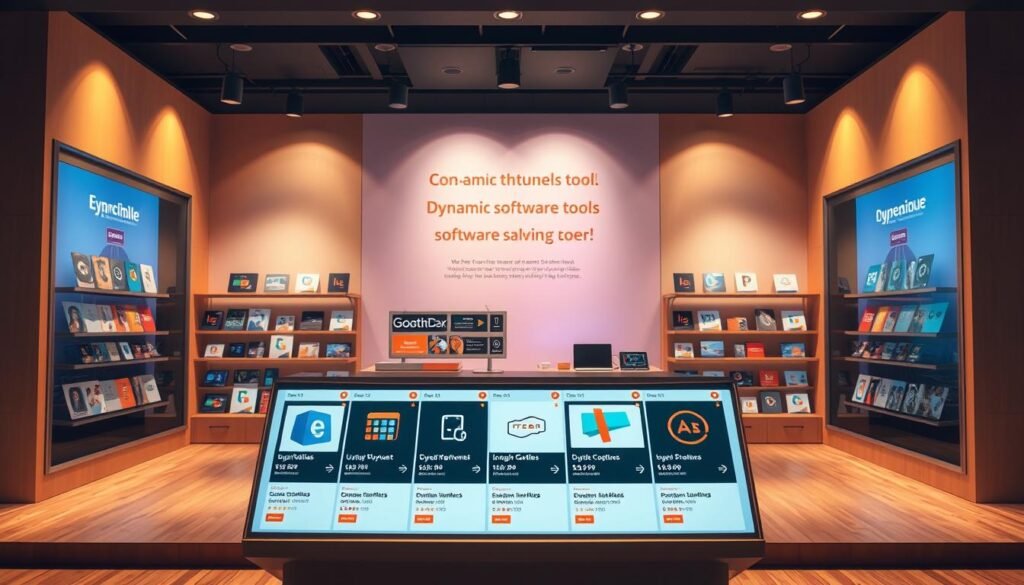 A digital storefront with an array of dynamic software tools, offering discounts and user reviews. The scene features a clean, minimalist layout with sleek product thumbnails and rating icons. Warm lighting illuminates the space, creating a welcoming atmosphere. In the foreground, a central display showcases a selection of popular digital assets, their prices and savings prominently displayed. The middle ground includes user testimonials and feedback, conveying a sense of trust and credibility. The background depicts a subtle gradient, directing the viewer's focus to the core offering. The overall composition aims to highlight the convenience, value, and user-centric nature of the digital marketplace.