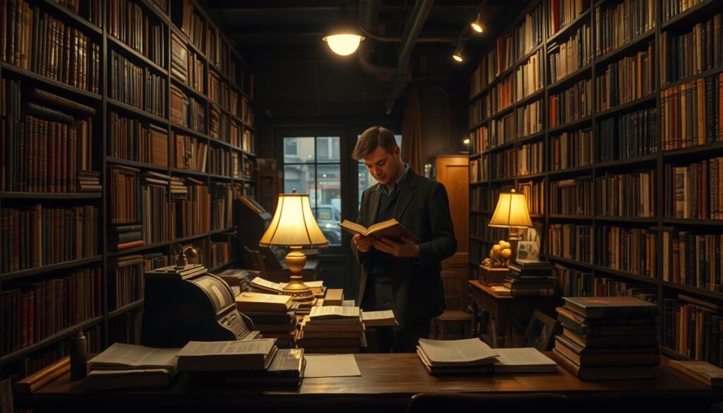 A dimly lit, cozy bookshop interior with floor-to-ceiling shelves packed with rare and antique books. A worn, wooden counter stands in the foreground, with a vintage cash register and scattered books and papers. In the middle ground, a customer carefully examines an old, leather-bound volume, their face illuminated by the soft glow of a table lamp. The background is hazy, with hints of other bookshelves and a small window letting in the dusky light of a city street outside. The atmosphere is one of quiet contemplation and the thrill of discovering a hidden literary treasure.