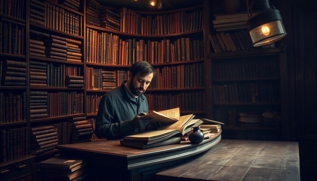 A dimly lit vintage bookshop, with shelves lining the walls, stacked high with leather-bound tomes. A lone bookseller stands behind a weathered wooden counter, meticulously cataloging a rare manuscript. Soft, warm lighting casts a cozy glow, while dust motes dance in the air, adding to the sense of timeless tranquility. The bookseller's expression is one of focused dedication, a true passion for the preservation and sale of these literary treasures. The scene evokes a sense of reverence for the written word and the intriguing history it holds.