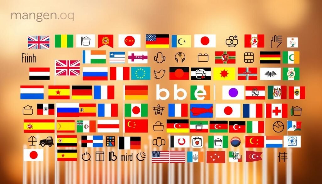 A diverse array of language flags and icons arranged in a visually striking composition, showcasing the wide range of languages available in the Babbel language learning app. The foreground features prominent flags of major world languages like English, Spanish, French, and German, along with other flags like Russian, Mandarin, Arabic, and more, arranged in an eye-catching pattern. The middle ground contains subtle icons and symbols representative of the various language learning tools and features offered by Babbel. The background is a soft, blurred gradient in warm, earthy tones, creating a sense of depth and focus on the central language elements. The overall mood is one of educational enrichment, global connectivity, and the promise of linguistic mastery through the Babbel app.