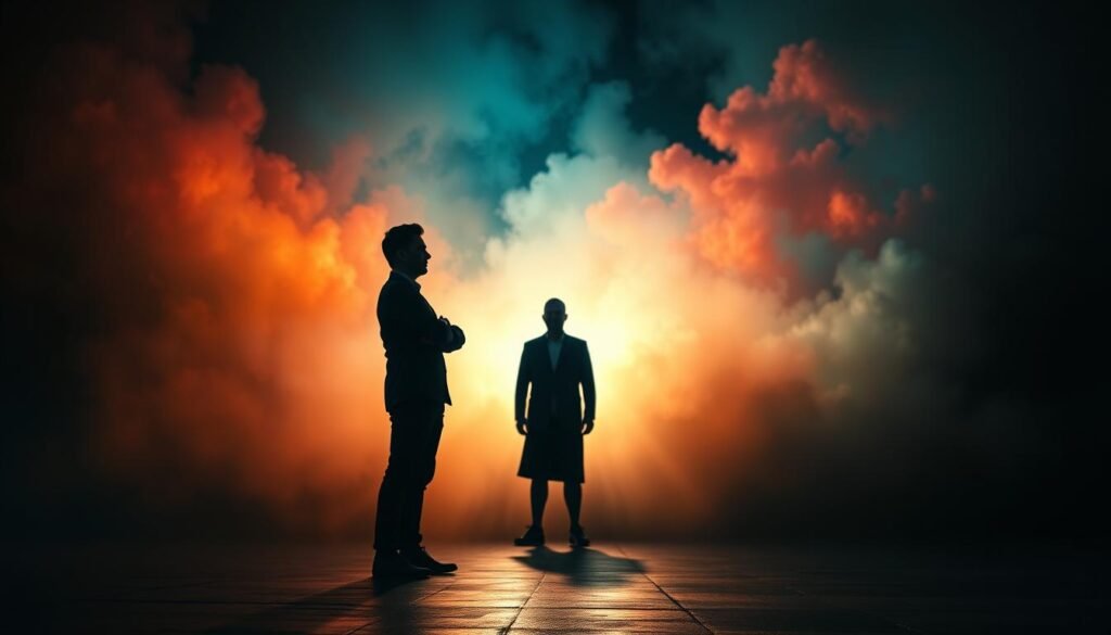A dramatic, well-lit scene depicting the contrasting sides of personal development platforms. In the foreground, a person stands confidently, reflecting the positive benefits of such programs - personal growth, career advancement, and enhanced self-awareness. In the middle ground, a shadowy figure symbolizes the potential downsides, such as information overload, financial burden, and the risk of unrealistic expectations. The background features a blend of vibrant colors and hazy, ethereal elements, conveying the complex, multifaceted nature of these platforms. The overall composition aims to capture the nuanced evaluation of Mindvalley's training courses, highlighting both the empowering and cautionary aspects of personal development.