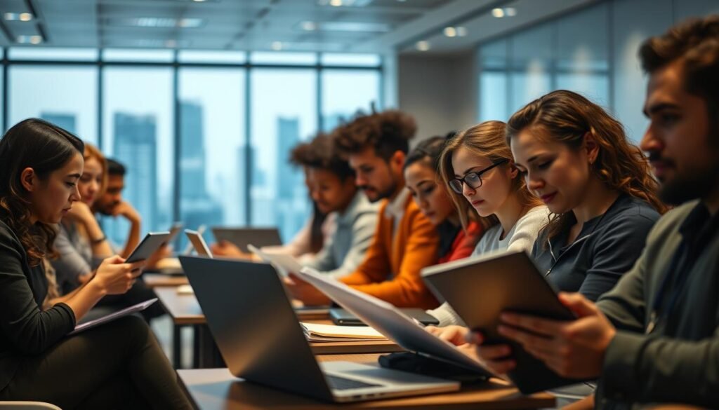A dynamic, immersive scene depicting intensive, fast-paced professional development courses. In the foreground, a diverse group of learners intently focused on their laptops, notebooks, and course materials, their expressions reflecting determination and a thirst for knowledge. The middle ground showcases a clean, modern classroom setting with minimalist furnishings and soft, directional lighting that accentuates the learners' engagement. In the background, a blurred cityscape or corporate office backdrop suggests the real-world applications and career-boosting potential of these intensive, skills-focused courses. The overall mood is one of focused productivity, personal growth, and a sense of empowerment through accelerated, targeted learning.