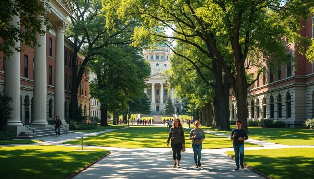 A grand, stately university campus nestled in a verdant, idyllic setting. Graceful Georgian-style buildings with towering columns and ornate facades flank a broad, tree-lined walkway. Students stroll along the path, their backpacks and books in hand, exuding a sense of purpose and academic focus. Sunlight filters through the lush canopy, casting a warm, inviting glow over the scene. In the distance, a grand, domed library stands as the centerpiece, its architecture a testament to the institution's rich history and commitment to knowledge. An air of scholarly tradition and intellectual pursuit permeates the atmosphere, making this designated learning institution a captivating and aspirational destination for those seeking higher education.
