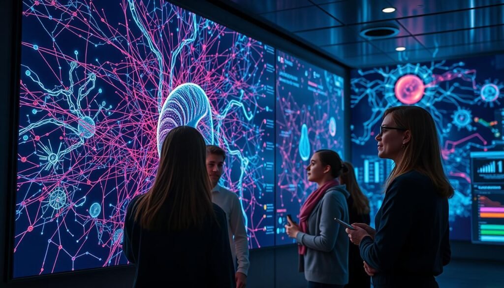 A group of people interacting with a virtual neural network visualization, set against a backdrop of a sleek, futuristic tech environment. The users, with expressions of concentration and fascination, navigate intricate, colorful neural pathways and data visualizations projected on large, high-resolution displays. Soft, directional lighting illuminates the scene, creating a sense of depth and drama. The overall atmosphere is one of innovation, technological mastery, and a deep exploration of the inner workings of the human mind.