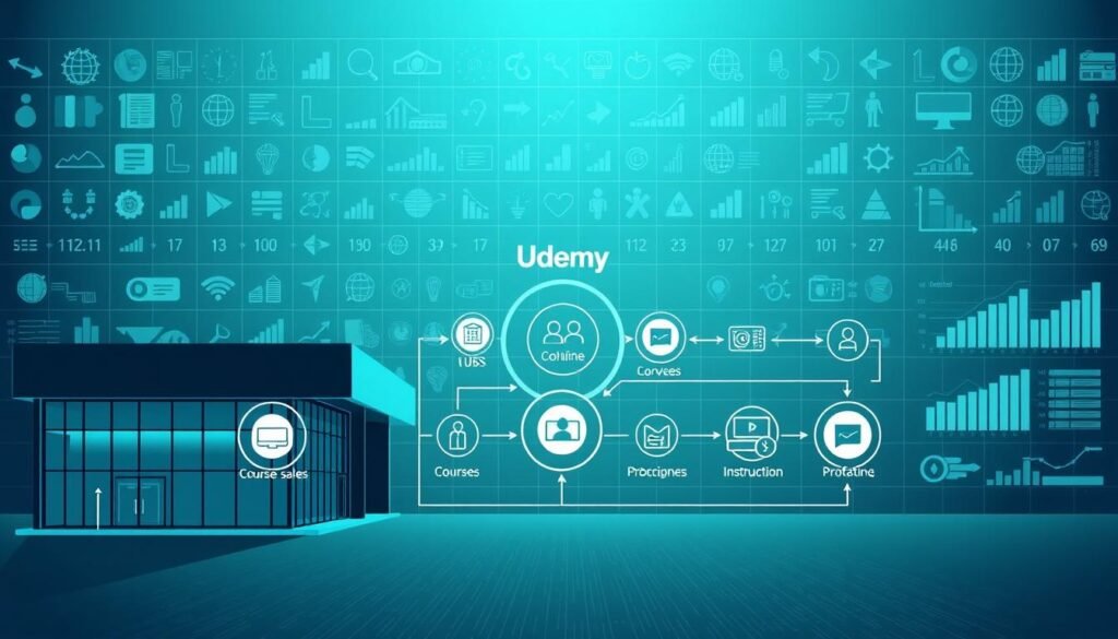 A high-contrast, architectural diagram depicting the key components of Udemy's e-learning revenue model. In the foreground, a sleek, modern building with clean lines and large windows represents Udemy's online platform. In the middle ground, a series of interconnected icons symbolize the various revenue streams, such as course sales, subscription fees, and instructor royalties. The background features a grid-like pattern of data visualizations, charts, and graphs, illustrating the scale and profitability of the e-learning industry. The overall scene is bathed in a cool, bluish hue, conveying a sense of technological sophistication and data-driven decision-making.