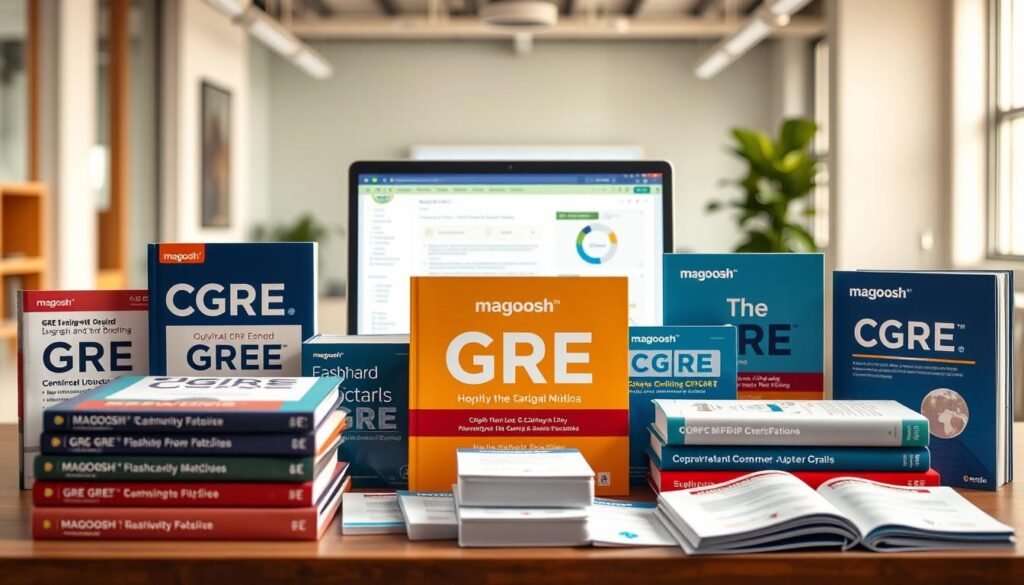 A high-quality, product-focused image showcasing a diverse array of Magoosh's GRE preparation materials. The foreground features a neatly arranged display of GRE books, flashcards, and digital subscriptions, all highlighted by warm, natural lighting. The middle ground includes a laptop displaying the Magoosh online platform, while the background depicts a clean, modern office setting, conveying a sense of professionalism and educational excellence. The overall composition emphasizes the comprehensive nature of Magoosh's GRE offerings, catering to a variety of learning preferences and budgets.