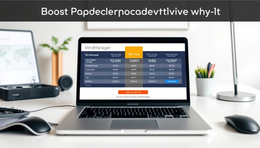 A high-resolution, detailed image of MindManager software's pricing and free trial information, captured in a clean, professional style. The foreground shows a sleek, modern laptop screen displaying the MindManager pricing table, with clear labels for different plan options and pricing details. The middle ground features a clean, minimalist desk setup with a mouse, keyboard, and office accessories, creating a productive, business-focused atmosphere. The background depicts a simple, neutral office environment, with subtle lighting and a sense of depth to frame the main subject. The overall mood is informative, visually appealing, and aligned with the "Boost Productivity with MindManager Software" article theme.
