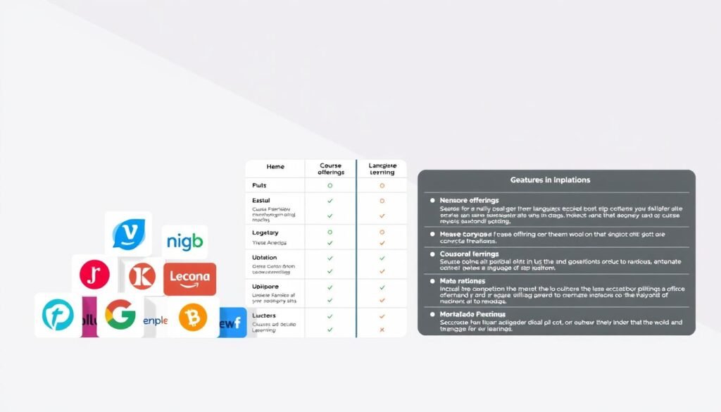 A high-resolution digital illustration depicting a side-by-side comparison of various online language learning platforms. The foreground features the platform icons and logos arranged neatly, with the names of each platform clearly visible. The middle ground showcases detailed feature comparisons, such as course offerings, pricing, and user ratings, presented in a clean, infographic-style layout. The background is a soft, minimalist gradient, providing a calm and professional atmosphere. The overall composition conveys a sense of objective analysis, helping the viewer easily visualize the key differences between the language learning platforms.