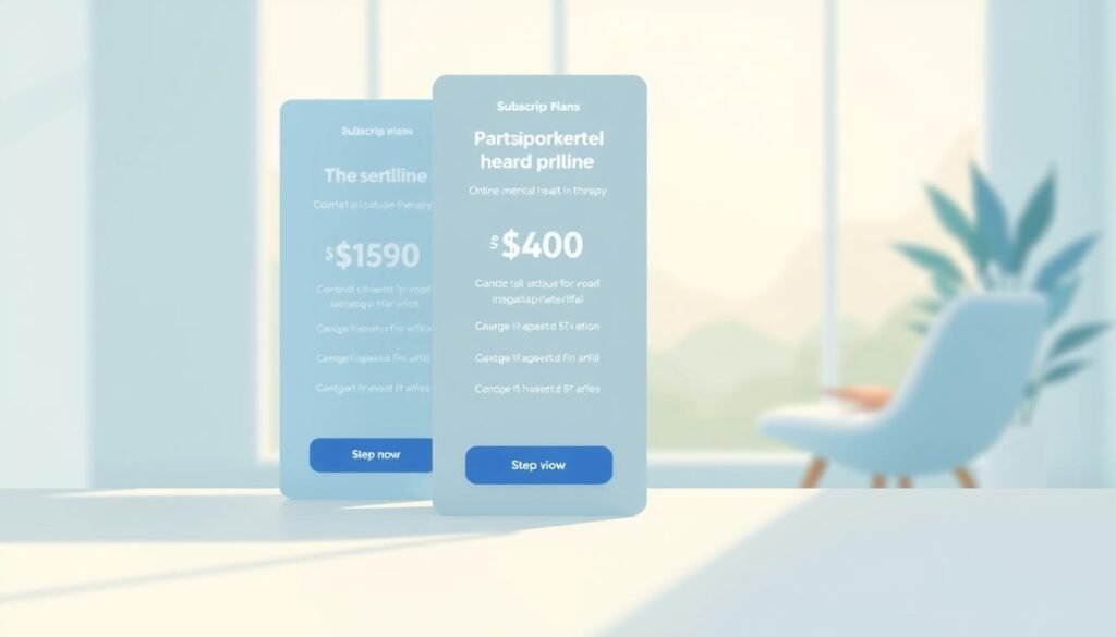 A high-resolution digital illustration depicting the subscription plans for online mental health therapy. The foreground shows a clean, minimalist design with three distinct pricing tiers, each highlighted by a card-like element. The middle ground features a soothing, pastel-toned color palette, with subtle gradients and soft lighting creating a calming, professional atmosphere. The background subtly suggests a serene, therapeutic environment, such as a tranquil landscape or a comfortable office setting. The overall composition conveys a sense of clarity, accessibility, and trust, reflecting the core values of the online therapy service.