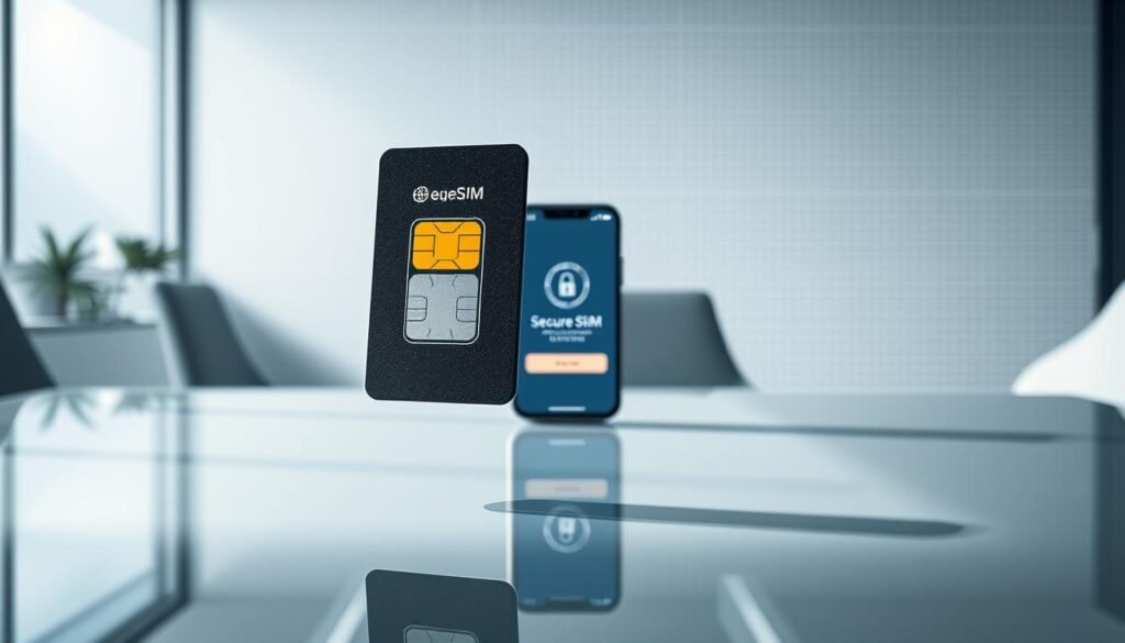 A high-resolution, photorealistic image of the security and privacy features of the eSIM technology. Set in a modern, minimalist office environment with clean lines and muted colors. In the foreground, an eSIM card floats, casting subtle reflections on the sleek, glass surface below. In the middle ground, a smartphone displays a secure eSIM activation screen, highlighting the seamless onboarding process. The background features a subtle grid pattern, representing the interconnected digital ecosystem. Bright, directional lighting emphasizes the clean, high-tech aesthetic, while soft shadows add depth and dimension. The overall mood is one of trust, technology, and consumer empowerment.
