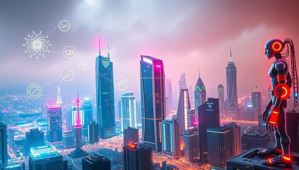 A high-tech cityscape with a futuristic skyline, illuminated by vibrant neon hues. In the foreground, a collage of key deep tech fields is displayed - artificial intelligence, quantum computing, biotechnology, and robotics. Each field is represented by iconic symbols and 3D-rendered objects, such as a neural network, a qubit, a DNA helix, and a humanoid robot. The middle ground features towering skyscrapers, their facades adorned with holographic displays showcasing advancements in these deep tech areas. The background is a hazy, dystopian-inspired landscape, with hints of environmental challenges that emerging technologies aim to address. The overall atmosphere is one of innovation, progress, and a glimpse into the transformative potential of deep tech.