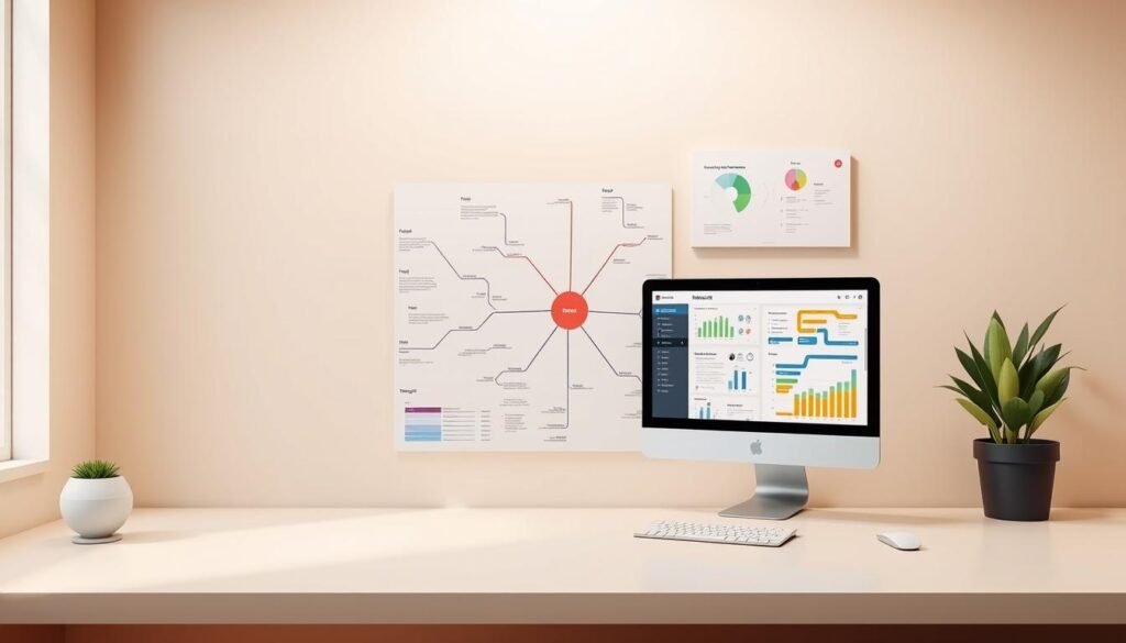 A highly detailed, photorealistic 3D rendering of the key visual features of MindManager software. Elegant, minimalist layout with clean lines and modern typography. Prominent display of the mind mapping, visual planning, and diagramming capabilities, showcasing the intuitive interface and data visualization tools. Warm, neutral color palette with pops of brand-specific colors to highlight the software's functionality. Soft, directional lighting from the upper left emphasizes depth and texture. Camera positioned at a slight bird's-eye angle to provide an overview of the software's main UI and workspace. Convey a sense of productivity, organization, and the power of visual thinking.