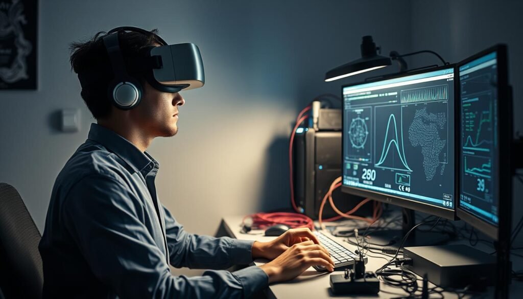 A highly detailed, photorealistic image of a person using a NeuroVizr device, a cutting-edge neural visualization tool. The scene depicts the user sitting at a desk, wearing a sleek virtual reality headset connected to a high-tech computer system. The desktop is cluttered with various cables, sensors, and peripheral devices, creating an immersive, futuristic atmosphere. Soft, diffused lighting illuminates the scene, casting subtle shadows and highlights on the user's face and the surrounding equipment. The image captures the intricacy and complexity of the NeuroVizr system, showcasing its advanced capabilities for neural data visualization and analysis.