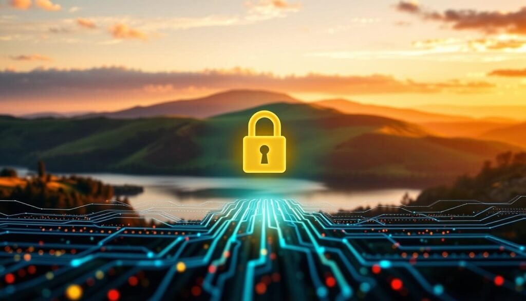 A highly secure VPN connection, with a padlock icon prominently displayed, casts a warm glow over a serene landscape of rolling hills and a tranquil lake. In the foreground, digital data streams flow seamlessly, protected by a robust, state-of-the-art encryption system. The scene conveys a sense of privacy, safety, and the reliable safeguarding of sensitive information, perfectly capturing the essence of "NordVPN: Protecting Your Data."