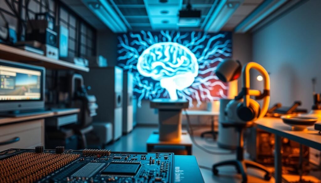 A laboratory setting with scientific instruments and equipment, depicting the underlying principles and technologies that enable advanced neural visualization. The foreground features a complex circuit board or microchip, symbolizing the intricate computational processes involved. In the middle ground, various neural imaging devices, such as fMRI machines or EEG headsets, are arranged, showcasing the advanced hardware used to capture and analyze brain activity. The background depicts a stylized representation of the human brain, with intricate neural pathways and structures, illuminated by a warm, contemplative lighting that suggests the depth of scientific understanding and exploration. The overall atmosphere conveys a sense of innovation, discovery, and the intersection of neuroscience, engineering, and technology.