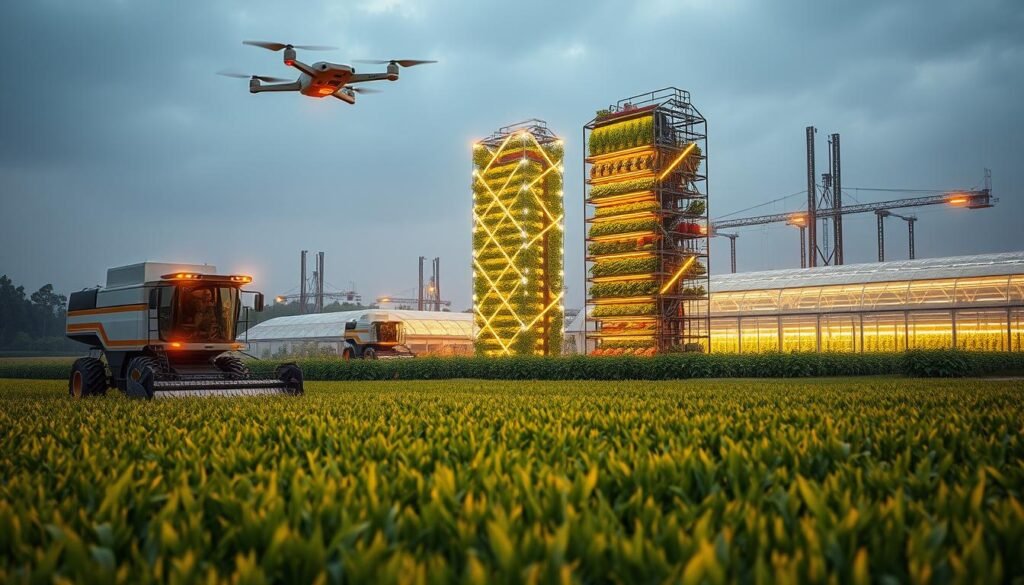 A lush, verdant field stretches out before a sprawling futuristic farm complex. In the foreground, towering robotic harvesters equipped with precision sensors meticulously gather crops, while autonomous drones buzz overhead, monitoring soil health and crop yield. In the middle ground, vertical farming towers rise, their cascading layers of hydroponically-grown produce illuminated by glowing, energy-efficient grow lights. In the background, advanced greenhouses equipped with climate-control systems and IoT-enabled sensors stand as beacons of the next agricultural revolution. The scene is bathed in a warm, golden glow, conveying a sense of technological innovation and environmental harmony.
