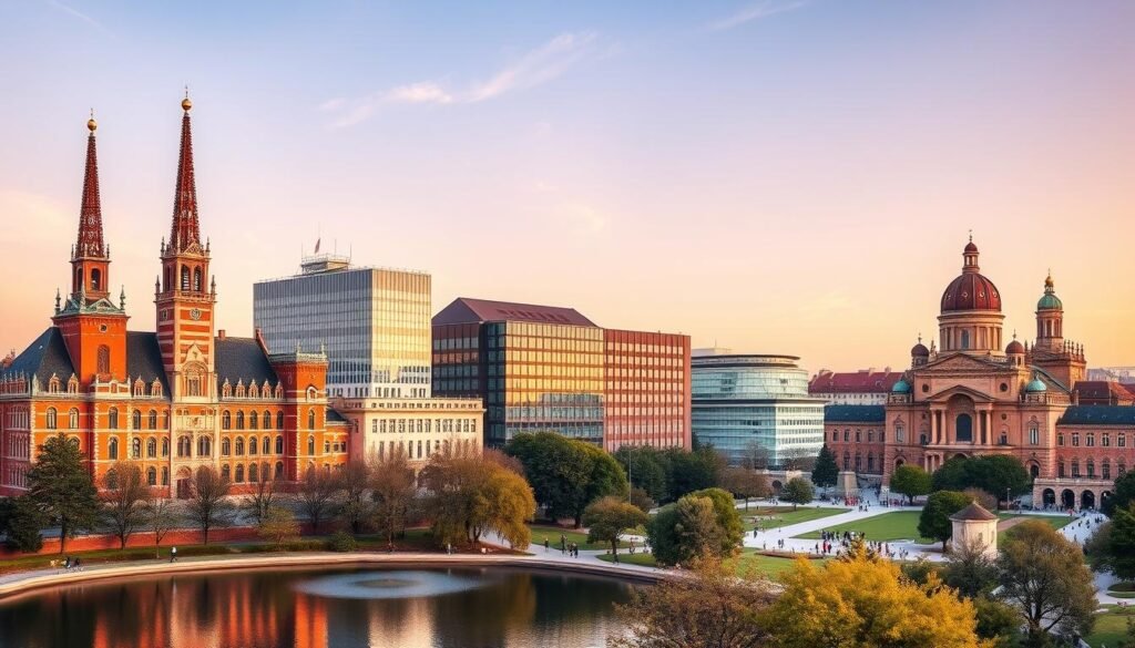 A majestic skyline of Poland's top universities, captured in a wide-angle lens against a warm golden hour sky. In the foreground, the iconic red brick buildings and spires of Jagiellonian University stand tall, their historic grandeur reflected in a tranquil pond. In the middle ground, the modern glass and steel facades of the Warsaw University of Technology glisten, surrounded by verdant parks and plazas bustling with students. In the far distance, the ornate baroque domes of the University of Wrocław pierce the horizon, their intricate architecture bathed in soft, diffused light. The scene exudes a sense of academic prestige, tradition, and innovation, perfectly encapsulating the essence of higher education in Poland.