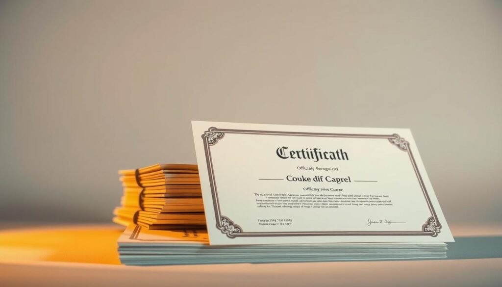 A meticulously crafted composition showcasing a stack of officially recognized online certificates. The certificates are prominently displayed in the foreground, their crisp edges and glossy surfaces catching the warm, directional lighting. The background is a neutral, minimalist studio setting with soft, diffused lighting, allowing the certificates to take center stage. The overall mood is one of professionalism, credibility, and the sense of accomplishment that comes with earning these accredited qualifications. The image conveys the value and legitimacy of Udemy's certified online courses, perfectly suited to illustrate the "Udemy Certified Courses" section of the article.