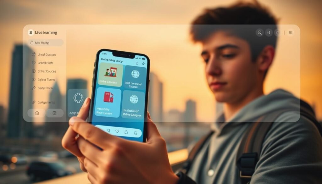 A mobile learning platform with a sleek, intuitive interface. In the foreground, a young student holding a smartphone, navigating through a well-organized menu of online courses. The middle ground showcases various course categories, icons, and navigation buttons, all designed with a clean, modern aesthetic. The background depicts a blurred city skyline, symbolizing the accessibility and versatility of learning on the go. Warm, diffused lighting creates a focused, productive atmosphere. The camera angle is slightly elevated, giving a sense of empowerment and control over the educational experience. Overall, the image conveys the convenience, flexibility, and user-friendliness of a mobile-based learning platform.