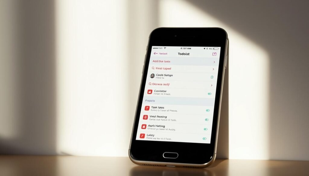 A mobile task management app, Todoist, displayed on a sleek, modern smartphone against a minimalist backdrop. The app's clean, intuitive interface showcases the core functionality - adding tasks, setting due dates, and organizing projects. The screen is bathed in soft, natural lighting, creating a calming and productive atmosphere. The device is angled slightly, highlighting the app's responsive design and ease of use on the go. The background features a muted gradient, allowing the app to take center stage and demonstrating its versatility across iOS and Android platforms.
