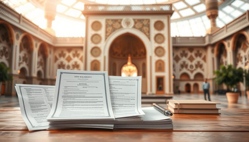 A modern academic institution set against a backdrop of Middle Eastern architecture, with intricate designs and a warm, inviting atmosphere. In the foreground, a meticulously detailed illustration of various entry requirements, including certificates, transcripts, and application forms, neatly arranged on a wooden desk. The lighting is soft and natural, casting a gentle glow over the scene, creating a sense of professionalism and scholarship. The overall composition conveys a welcoming and informative environment, perfectly suited to illustrate the "Entry Requirements for International Students" section of the article.