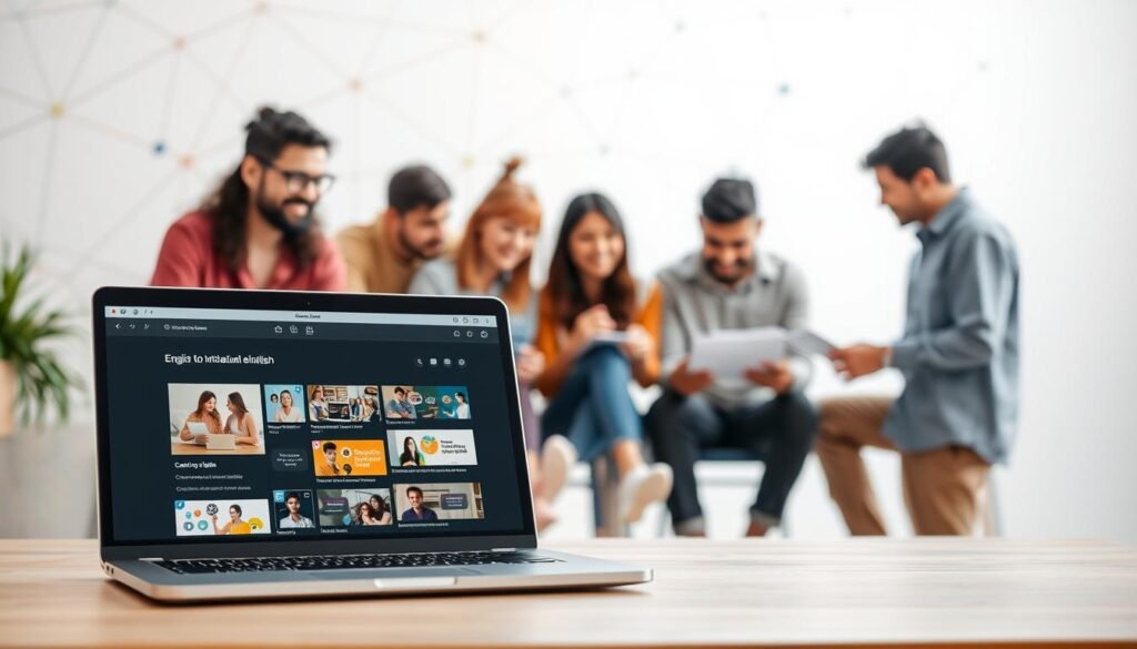 A modern and intuitive English learning platform set against a bright, airy backdrop. In the foreground, a laptop displays an interactive lesson interface with engaging visuals and exercises. In the middle ground, a diverse group of learners collaborates on language activities, their faces animated with concentration and camaraderie. The background features an abstract geometric pattern suggestive of interconnected networks, symbolizing the platform's global reach and connectivity. Soft, diffused lighting creates a welcoming, productive atmosphere, inviting the viewer to imagine themselves immersed in this effective, user-friendly language learning experience.