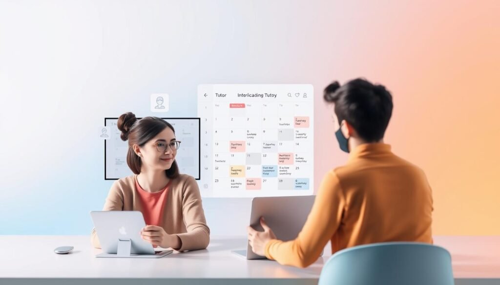 A modern and intuitive language learning platform, with a clean, minimalist design. In the foreground, a student and tutor engage in a video call, surrounded by a variety of interactive features - flashcards, lesson plans, progress tracking. In the middle ground, a calendar view showcases the user's upcoming lessons and schedule. In the background, a smooth gradient transitions from cool blues to warm oranges, creating a calming, focused atmosphere. Soft lighting illuminates the scene, casting subtle shadows and highlights to enhance the sense of depth and 3D space. The overall composition conveys a sense of productivity, collaboration, and personalized learning.